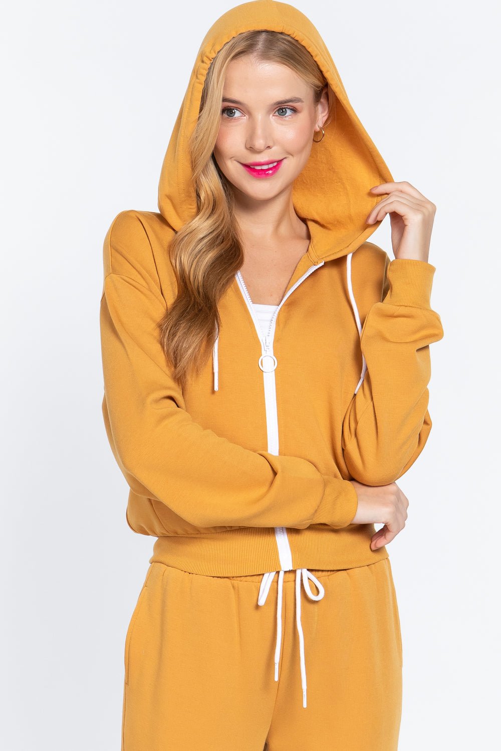Mona Fiona Rayon Blend Fleece French Terry Hoodie Jacket (Camel Yellow)