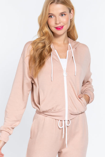 Mona Fiona Rayon Blend Fleece French Terry Hoodie Jacket (Pale Pink)
