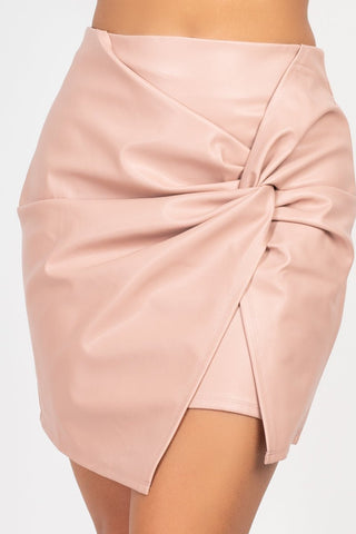 Our Best 65% Polyester 30% Polyurethane 5% Spandex Side Knot Design Knit Faux Leather Back Zip Detail Mini Skirt (Dusty Mauve)