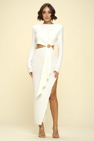 Bella Bianca Polyester Blend Round Neck Long Sleeve Ring Detail Asymmetrical Hem Bodycon Midi Dress (Off White)