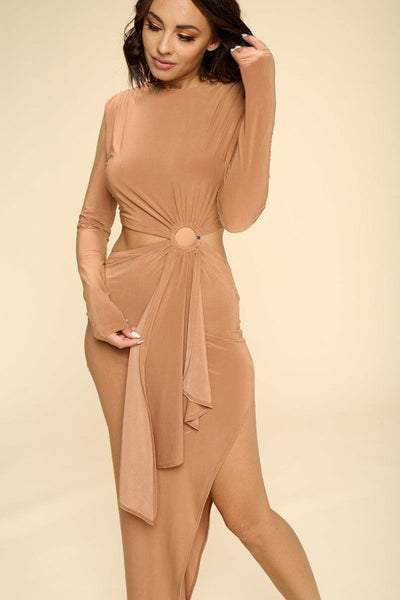 Bella Bianca Polyester Blend Round Neck Long Sleeve Ring Detail Asymmetrical Hem Bodycon Midi Dress (Clay)