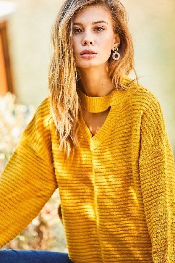 Our Best 100% Acrylic Choker V-Neck Oversize Ribbed Knit Long Sleeve Sweater (Mustard)