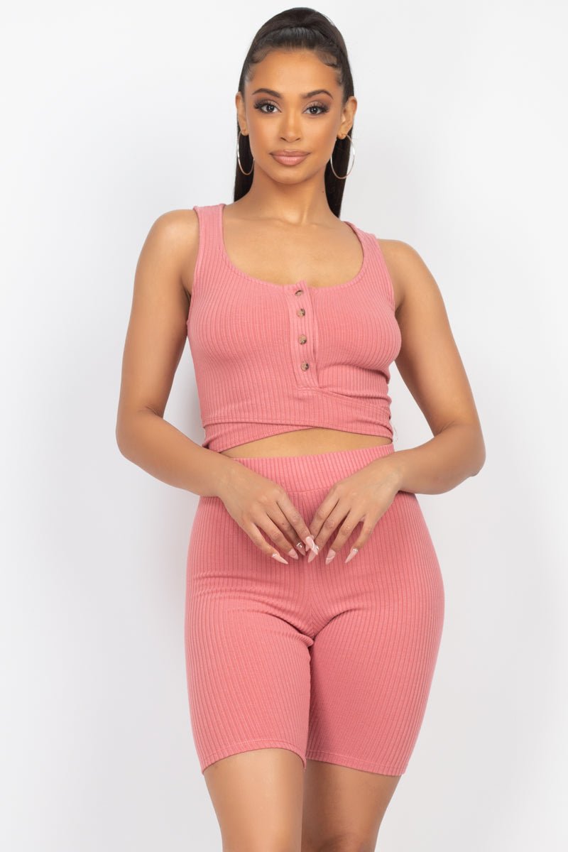 Our Best Polyester Blend Button Front Detail Scoop Neck Ribbed Fabric Crop Top & Biker Shorts Two Piece Set (Mauve)