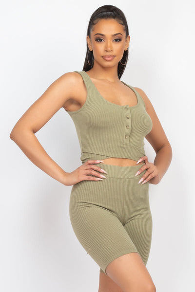 Our Best Polyester Blend Button Front Detail Scoop Neck Ribbed Fabric Crop Top & Biker Shorts Two Piece Set (Olive)