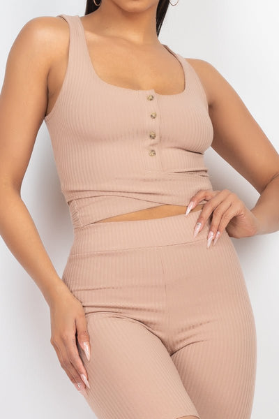Our Best Polyester Blend Button Front Detail Scoop Neck Ribbed Fabric Crop Top & Biker Shorts Two Piece Set (Tan)