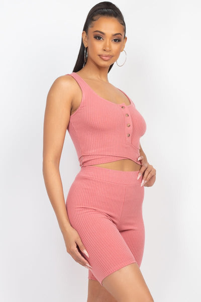 Our Best Polyester Blend Button Front Detail Scoop Neck Ribbed Fabric Crop Top & Biker Shorts Two Piece Set (Mauve)