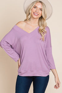 Our Best 94% Rayon 6% Spandex Solid Color Rib Modal Casual 3/4 Sleeves Dolman Sleeves Top (Lavender)