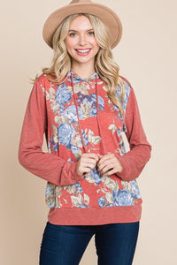Our Best Floral Printed Polyester Blend Contrast Hoodie With Relaxed Fit & Cuff Detail (Rust)