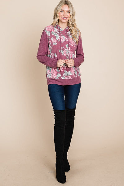 Floral Printed Polyester Blend Contrast Hoodie With Relaxed Fit And Cuff Detail (Burgundy)