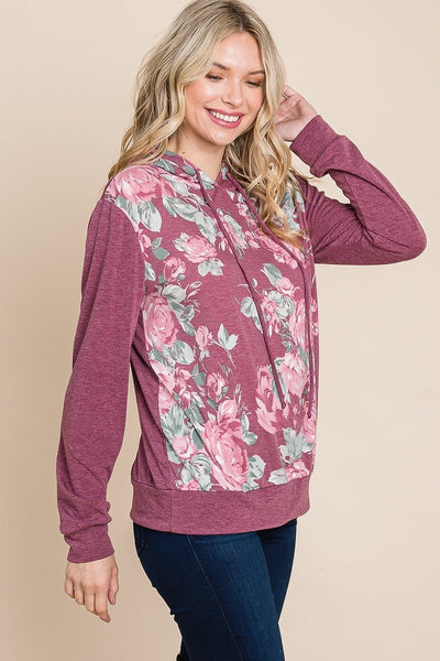 Floral Printed Polyester Blend Contrast Hoodie With Relaxed Fit And Cuff Detail (Burgundy)