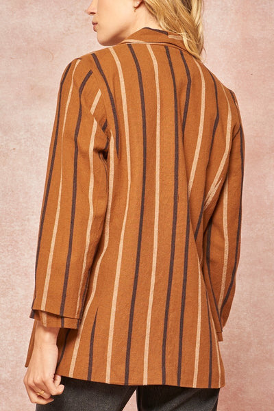 Our Best 100% Cotton 3/4 Sleeve Striped Shawl Lapel Collar Blazer Jacket (Mocha)