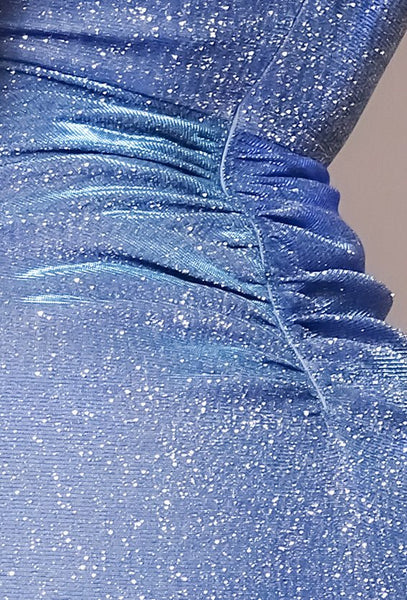 Glenda Glitter Glam 100% Polyester V-neck Spaghetti Straps Ruched Detail Slit Skirt Glitter Bespangled Midi Dress (Sapphire)