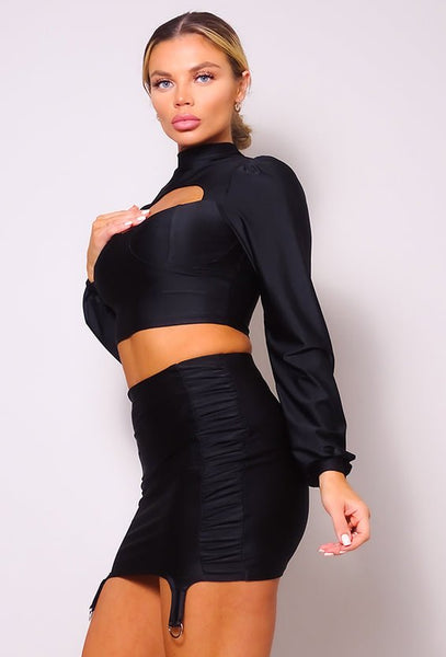 Diva's Debutante 82% Nylon 18% Spandex Spectacular Puff Long Sleeve Front Cutout Turtleneck Blouse Ruched Garter Mini Skirt Set (Black)