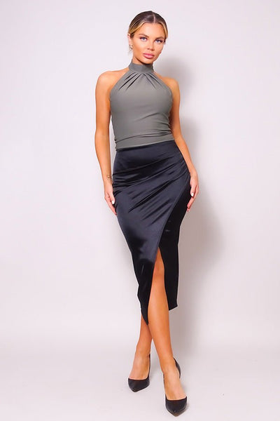 Our Best Polyester Blend Made In U.S.A. Sexy Gathered Front Crossover Slit Detail Midi Skirt (Black)
