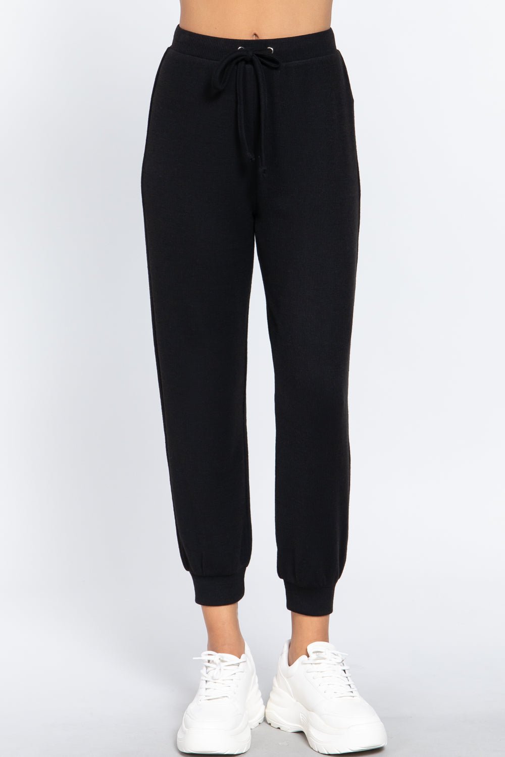 Our Best Polyester/Spandex Waist String Detail Hacci Long Pants (Black)