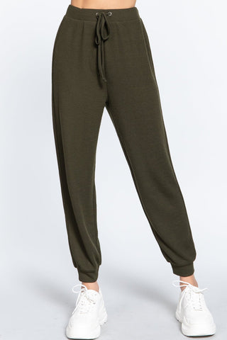 Our Best Polyester/Spandex Waist String Detail Hacci Long Pants (Olive)