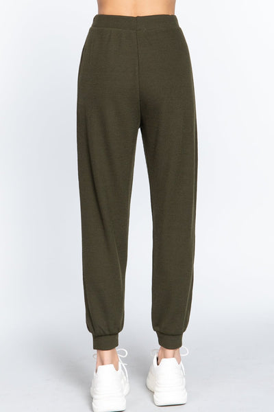 Our Best Polyester/Spandex Waist String Detail Hacci Long Pants (Olive)