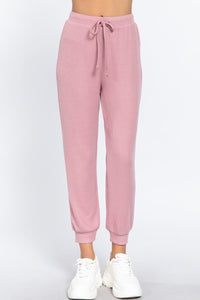 Our Best Polyester/Spandex Blend Waist String Detail Hacci Long Pants (Pink)