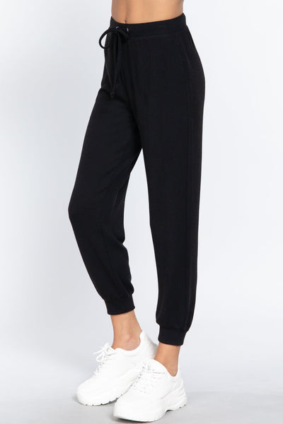 Our Best Polyester/Spandex Waist String Detail Hacci Long Pants (Black)