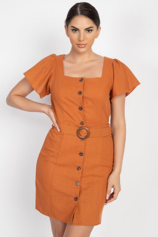 Butterfly Sleeve Polyester/Linen Blend Square Neckline Front Button Closure A-Line Silhouette Dress (Light Rust)