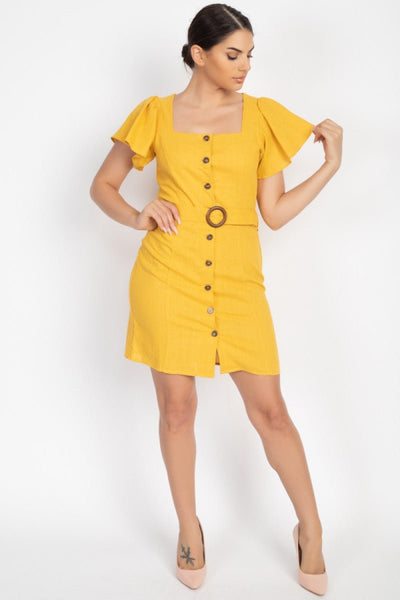 Butterfly Sleeve Polyester/Linen Blend Square Neckline Front Button Closure A-Line Silhouette Dress (Yellow)