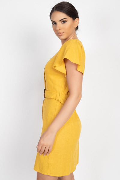 Butterfly Sleeve Polyester/Linen Blend Square Neckline Front Button Closure A-Line Silhouette Dress (Yellow)