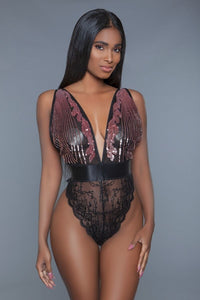 Barbie Babydoll Nylon Blend One Pc. Cut-out Lace Bottoms Raspberry-Pink Sequins Plunging Sheer Neckline Teddy (Black)