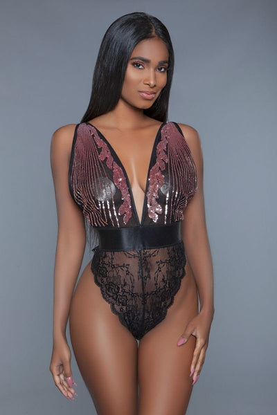 Barbie Babydoll Nylon Blend One Pc. Cut-out Lace Bottoms Raspberry-Pink Sequins Plunging Sheer Neckline Teddy (Black)