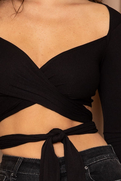 Swing Out Sister 96% Polyester 4% Spandex Long Sleeve Long Strap Wrap Crop Top (Black)