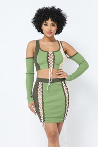 Roxanne Rocks 70% Rayon Blend Multi Color Lace- Up Detail Long Sleeve Cold Shoulder Two Piece Color Block Top & Mini Skirt Set (Olive)