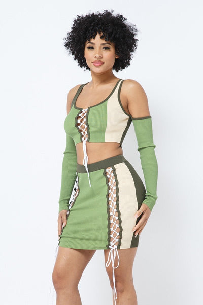 Roxanne Rocks 70% Rayon Blend Multi Color Lace- Up Detail Long Sleeve Cold Shoulder Two Piece Color Block Top & Mini Skirt Set (Olive)