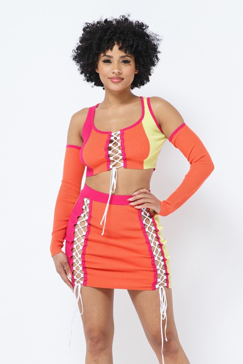 Roxanne Rocks 70% Rayon Blend Multi Color Lace- Up Detail Long Sleeve Cold Shoulder Two Piece Color Block Top & Mini Skirt Set (Fuchsia)