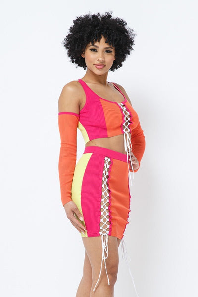 Roxanne Rocks 70% Rayon Blend Multi Color Lace- Up Detail Long Sleeve Cold Shoulder Two Piece Color Block Top & Mini Skirt Set (Fuchsia)