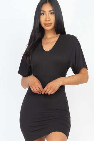 Ms. Darcy Diva 92% Polyester 8% Spandex Dolman Short Sleeves V-Neck Solid Mini Dress (Black)
