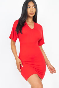 Ms. Darcy Diva 92% Polyester 8% Spandex Dolman Short Sleeves V-Neck Solid Mini Dress (Red)
