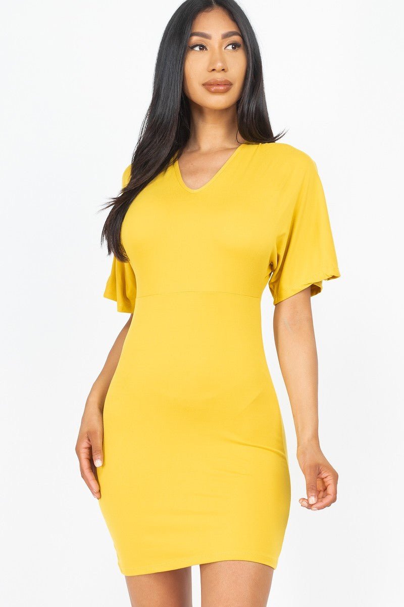 Ms. Darcy Diva 92% Polyester 8% Spandex Dolman Short Sleeves V-Neck Solid Mini Dress (Mustard)