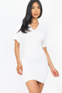 Ms. Darcy Diva 92% Polyester 8% Spandex Dolman Short Sleeves V-Neck Solid Mini Dress (White)