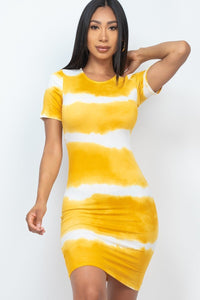 Tyra Tye-dye Polyester Blend Tie-Dye Short Sleeve Striped Pattern Stretch Knit Bodycon Midi Dress (Mustard)