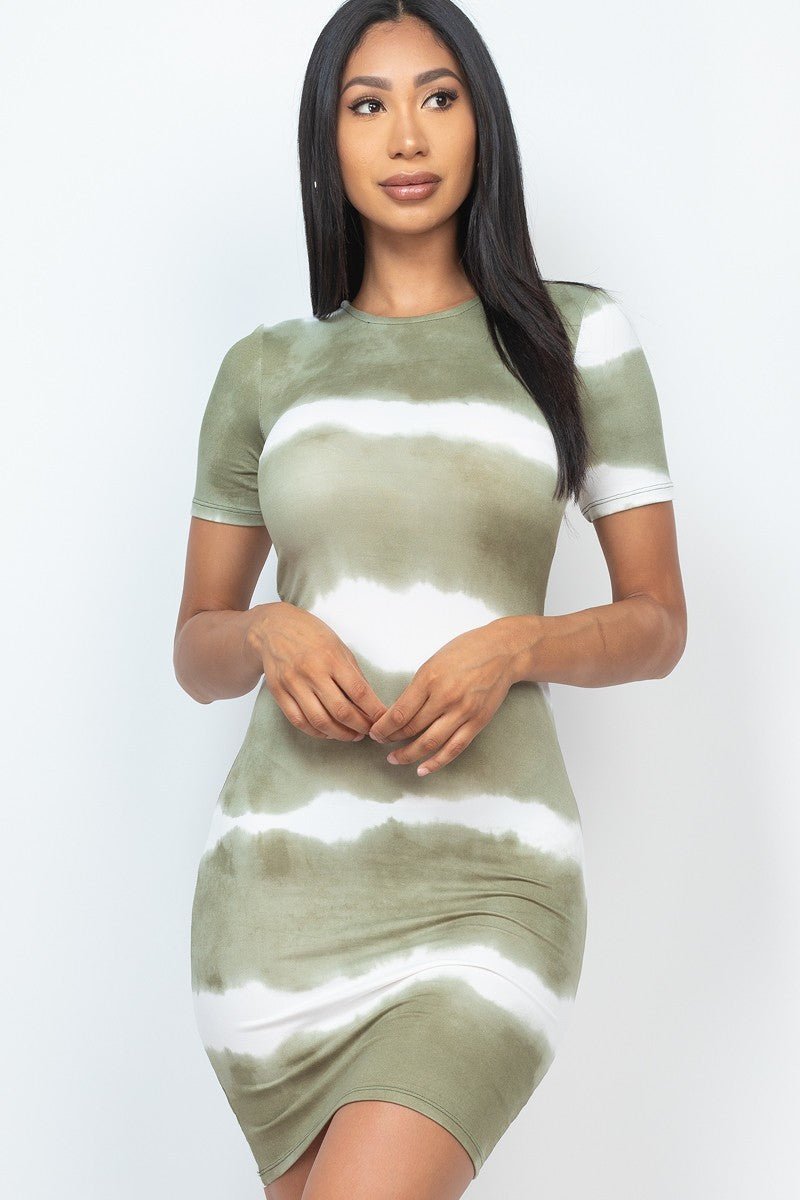 Tyra Tye-dye Polyester Blend Tie-Dye Short Sleeve Striped Pattern Stretch Knit Bodycon Midi Dress (Olive)