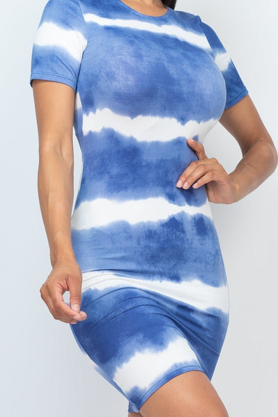 Tyra Tye-dye Polyester Blend Tie-Dye Short Sleeve Striped Pattern Stretch Knit Bodycon Midi Dress (Blue)