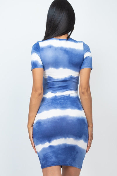 Tyra Tye-dye Polyester Blend Tie-Dye Short Sleeve Striped Pattern Stretch Knit Bodycon Midi Dress (Blue)