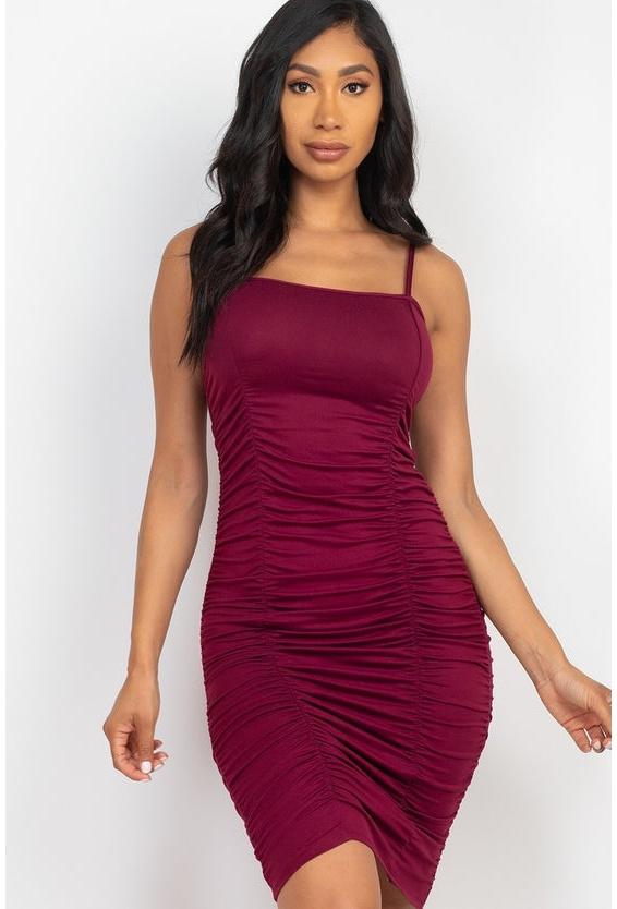 Carianne Carefree 92% Polyester 8% Spandex Double Ruched Front & Back Detail Stretch Knit Mini Dress (Burgundy)
