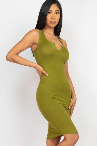 Paloma Pomona Pullover 92% Polyester 8% Spandex Split V-neck Tank Stretch Knit Sleeveless Mini Dress (Olive Branch)