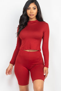 Our Best 92% Polyester 8% Spandex Mock Neck Top & Biker Shorts Two Piece Set (Red)