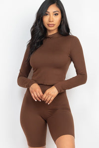Our Best 92% Polyester 8% Spandex Mock Neck Top & Biker Shorts Two Piece Set (Downtown Brown)