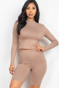Our Best 92% Polyester 8% Spandex Mock Neck Top & Biker Shorts Two Piece Set (Taupe Grey)