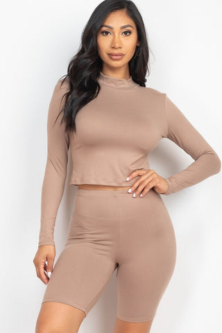 Our Best Polyester/Spandex Blend Mock Neck Top & Biker Shorts Two Piece Set (Taupe Grey)