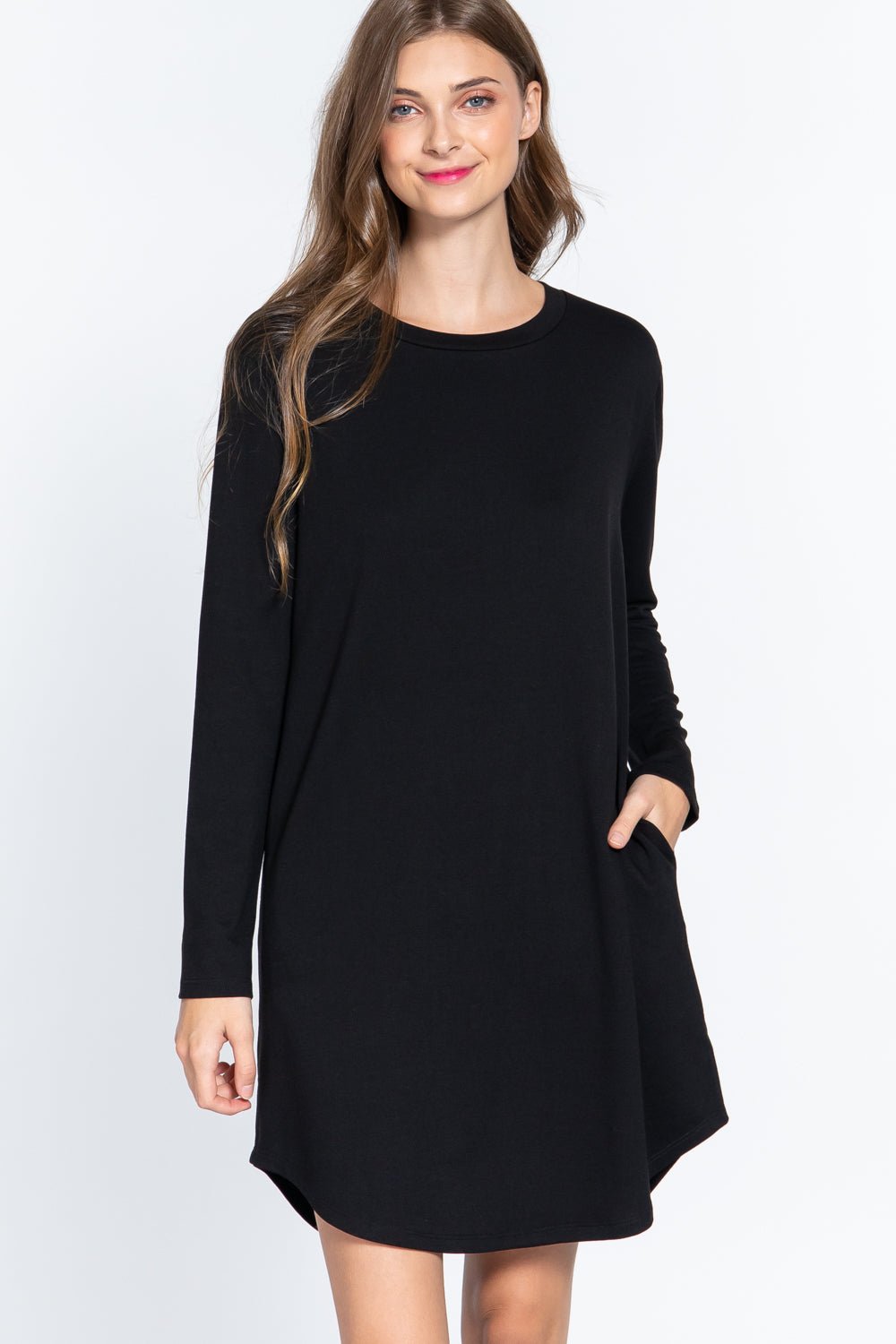Our Best 65% Polyester 31% Rayon 4% Spandex Long Sleeve Round Neck French Terry Mini Dress (Black)
