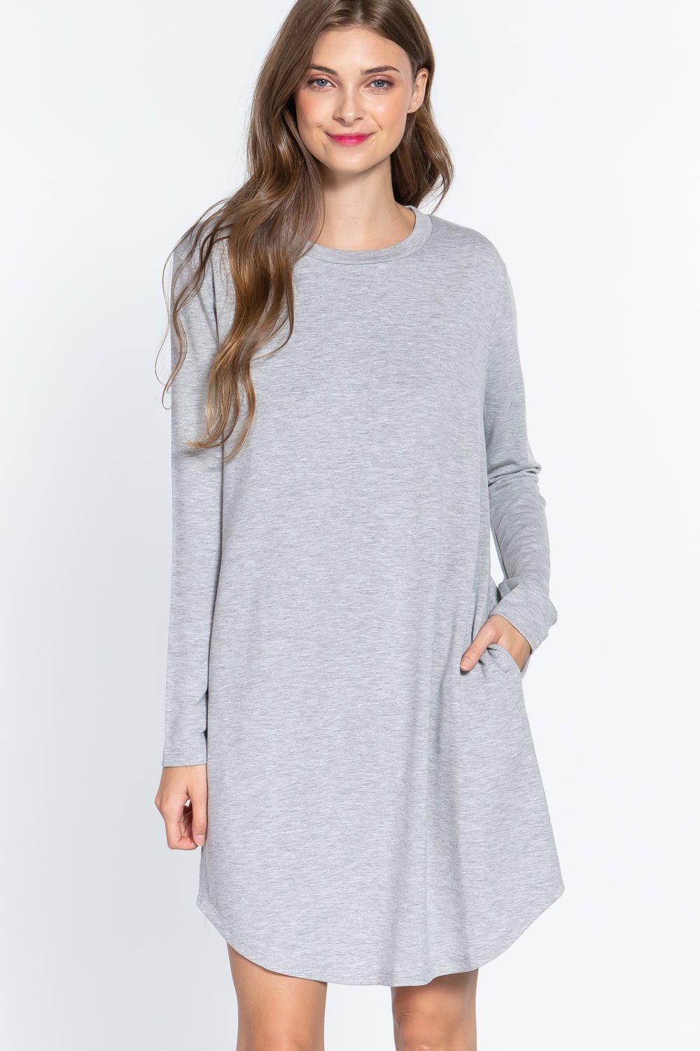 Our Best 65% Polyester 31% Rayon 4% Spandex Long Sleeve Round Neck French Terry Mini Dress (Heather Grey)
