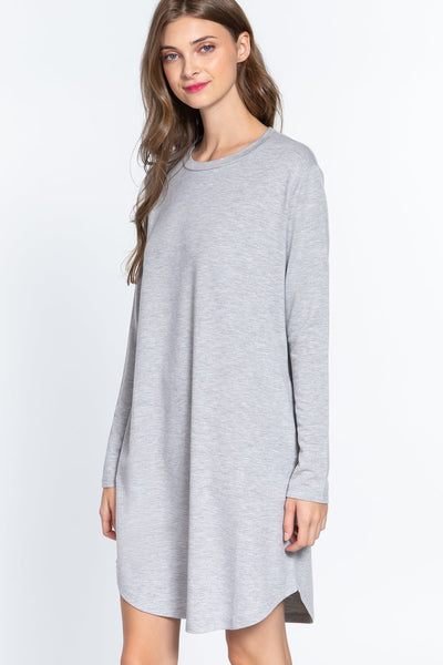 Our Best 65% Polyester 31% Rayon 4% Spandex Long Sleeve Round Neck French Terry Mini Dress (Heather Grey)